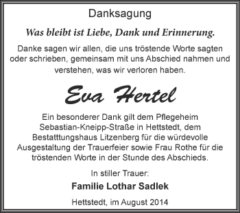 Traueranzeige von Eva Hertel von Wochenspiegel Mansfelder Land