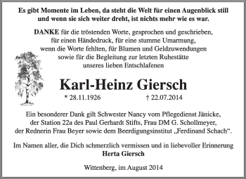 Traueranzeige von Karl-Heinz Giersch von WVG - Wochenspiegel Wittenberg