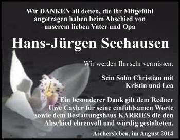 Traueranzeige von Hans-Jürgen Seehausen von WVG - Wochenspiegel Quedlinburg