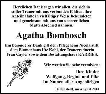 Traueranzeige von Agatha Bombosch von WVG - Wochenspiegel Quedlinburg
