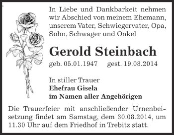 Traueranzeige von Gerold Steinbach von Super Sonntag Bernburg