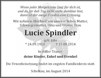 Traueranzeige von Lucie Spindler von WVG - Wochenspiegel NMB / WSF / ZTZ