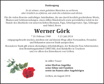 Traueranzeige von Werner Görk von WVG - Wochenspiegel NMB / WSF / ZTZ