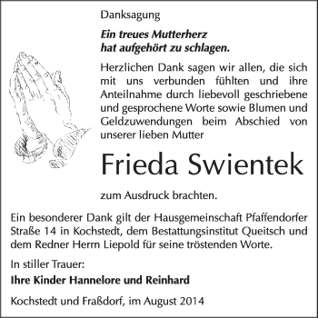 Traueranzeige von Frieda Swientek von Super Sonntag Dessau / Köthen