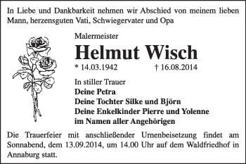 Traueranzeige von Helmut Wisch von WVG - Wochenspiegel Wittenberg