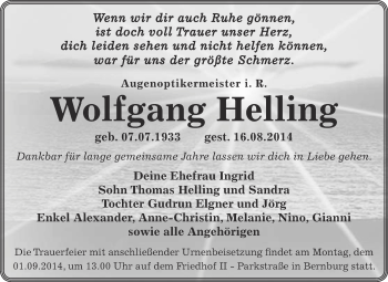 Traueranzeige von Wolfgang Helling von Super Sonntag Bernburg