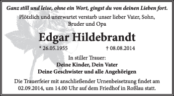 Traueranzeige von Edgar Hildebrandt von Super Sonntag Dessau / Köthen