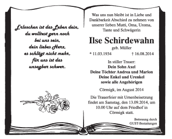 Traueranzeige von Ilse Schirdewahn von Super Sonntag Dessau / Köthen