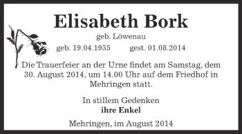 Traueranzeige von Elisabeth Bork von WVG - Wochenspiegel Aschersleben