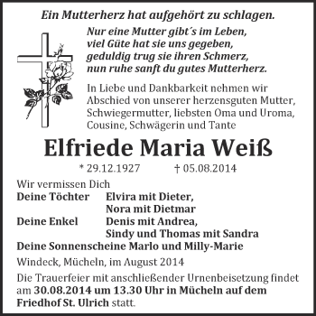 Traueranzeige von Elfriede Maria Weiß von WVG - Wochenspiegel Merseburg