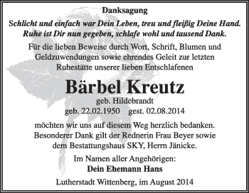 Traueranzeige von Bärbel Kreutz von Super Sonntag Wittenberg