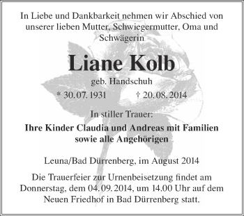 Traueranzeige von Liane Kolb von Super Sonntag Merseburg