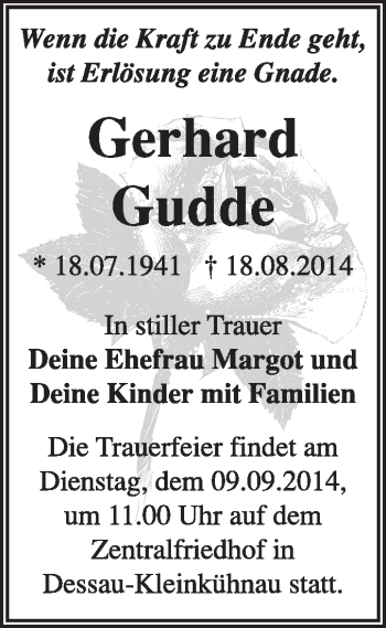 Traueranzeige von Gerhard Gudde von Super Sonntag Dessau / Köthen