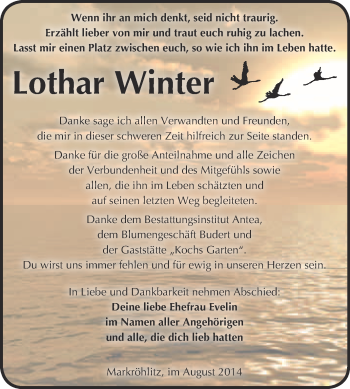 Traueranzeige von Lothar Winter von WVG - Wochenspiegel NMB / WSF / ZTZ