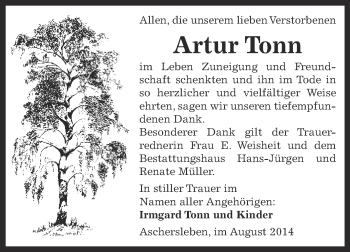 Traueranzeige von Artur Tonn von Super Sonntag Aschersleben