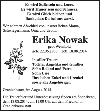Traueranzeige von Erika Nowak von WVG - Wochenspiegel Wittenberg