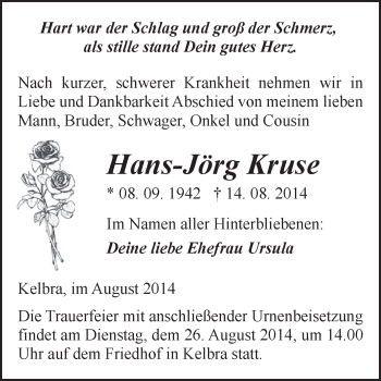 Traueranzeige von Hans-Jörg Kruse von Super Sonntag SGH Mansf. Land