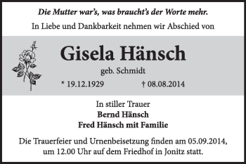 Traueranzeige von Gisela Hänsch von Super Sonntag Dessau / Köthen