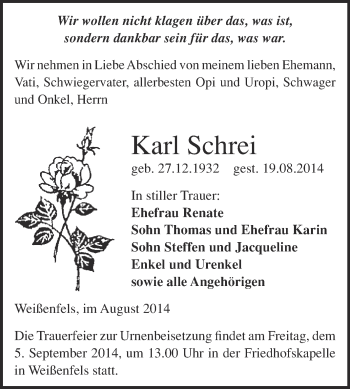 Traueranzeige von Karl Schrei von Super Sonntag Merseburg