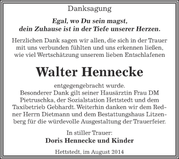 Traueranzeige von Walter Hennecke von Wochenspiegel Mansfelder Land