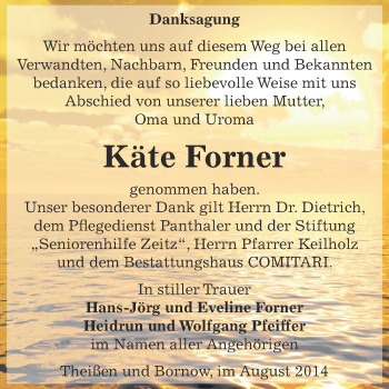 Traueranzeige von Käte Forner von Super Sonntag Zeitz