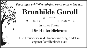 Traueranzeige von Brunhilde Guroll von WVG - Wochenspiegel Dessau / Köthen