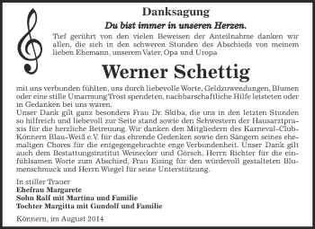 Traueranzeige von Werner Schettig von Super Sonntag Bernburg