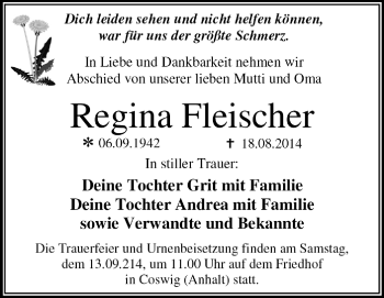 Traueranzeige von Regina Fleischer von Super Sonntag Dessau / Köthen
