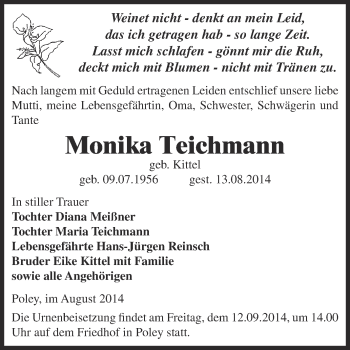 Traueranzeige von Monika Teichmann von Super Sonntag Bernburg