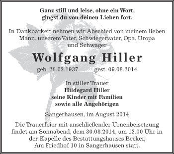 Traueranzeige von Wolfgang Hiller von Super Sonntag SGH Mansf. Land