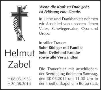 Traueranzeige von Helmut Zabel von WVG - Wochenspiegel NMB / WSF / ZTZ