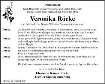 Traueranzeige von Veronika Röcke von Super Sonntag Dessau / Köthen