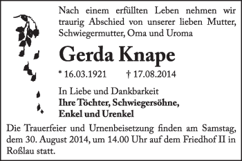 Traueranzeige von Gerda Knape von Super Sonntag Dessau / Köthen