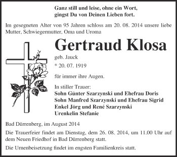 Traueranzeige von Gertraud Klosa von Super Sonntag Merseburg