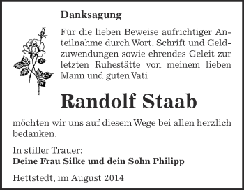 Traueranzeige von Randolf Staab von Wochenspiegel Mansfelder Land