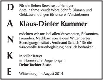 Traueranzeige von Klaus-Dieter Kummer von WVG - Wochenspiegel Wittenberg