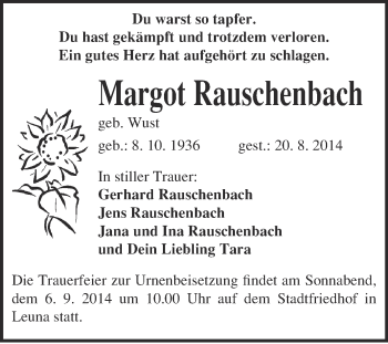 Traueranzeige von Margot Rauschenbach von Super Sonntag Merseburg