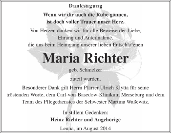 Traueranzeige von Maria Richter von Super Sonntag Merseburg