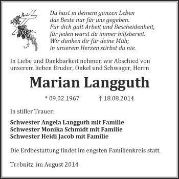 Traueranzeige von Marian Langguth von WVG - Wochenspiegel NMB / WSF / ZTZ