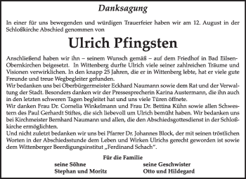 Traueranzeige von Ulrich Pfingsten von WVG - Wochenspiegel Wittenberg