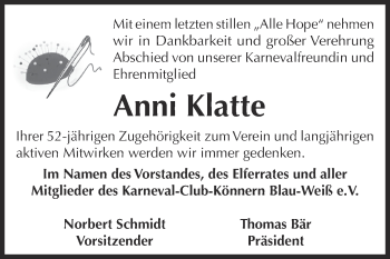 Traueranzeige von Anni Klatte von Super Sonntag Bernburg