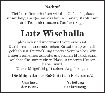 Traueranzeige von Lutz Wischalla von Super Sonntag SGH Mansf. Land