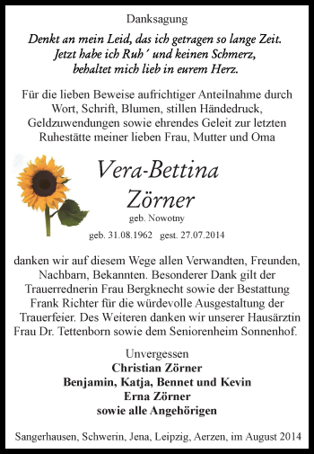 Traueranzeige von Vera-Bettina Zörner von Super Sonntag SGH Mansf. Land