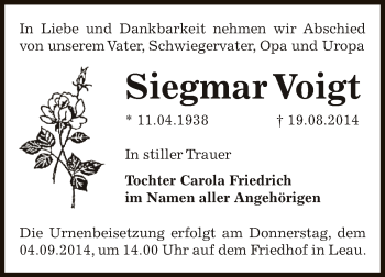 Traueranzeige von Siegmar Voigt von Super Sonntag Bernburg