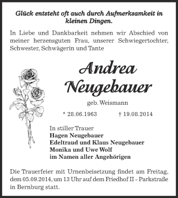 Traueranzeige von Andrea Neugebauer von Super Sonntag Bernburg