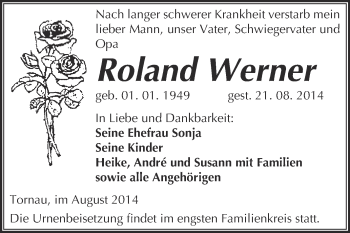 Traueranzeige von Roland Werner von WVG - Wochenspiegel NMB / WSF / ZTZ