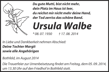 Traueranzeige von Ursula Walbe von WVG - Wochenspiegel Merseburg