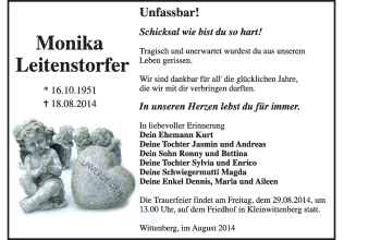 Traueranzeige von Monika Leitenstorfer von Super Sonntag Wittenberg