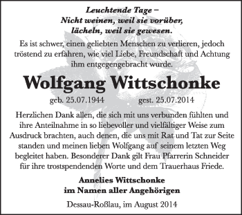 Traueranzeige von Wolfgang Wittschonke von Super Sonntag Dessau / Köthen