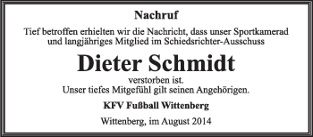Traueranzeige von Dieter Schmidt von WVG - Wochenspiegel Wittenberg